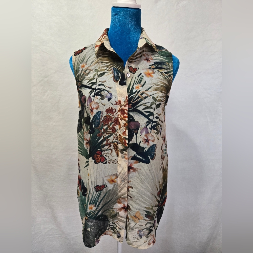 Floral and Butterfly Sleeveless Blouse